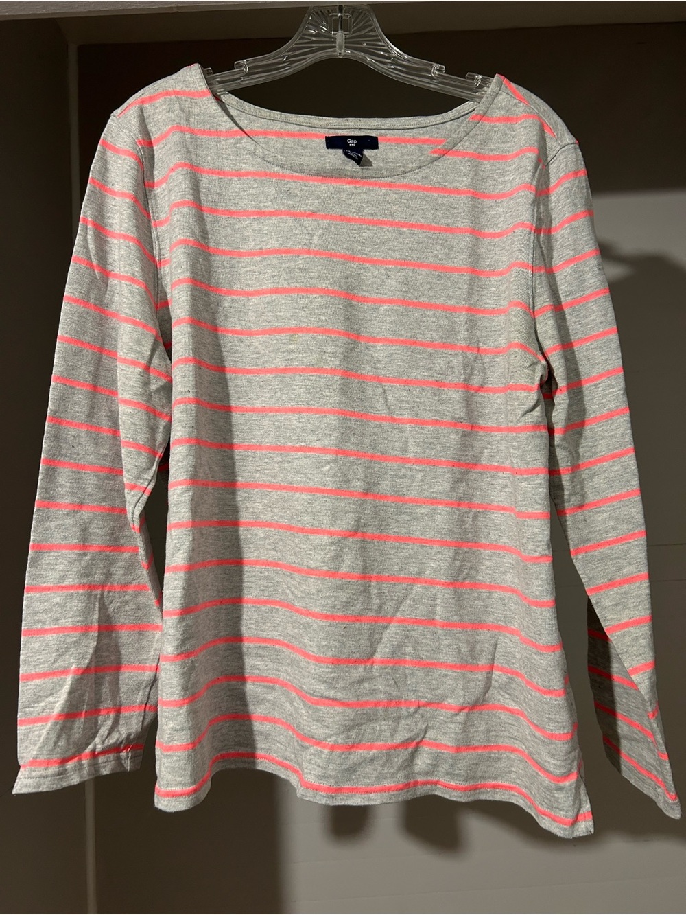 GAP Long-Sleeve Boatneck Tee - Light Gray with Neon Pink Stripes